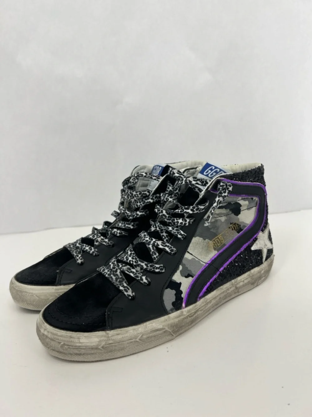 Golden Goose Slide camo glitter High-Top Sneakers in Black, Gray & Purple